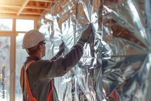 Construction Worker Installing Reflective Insulation in Modern Home for Energy Efficiency
