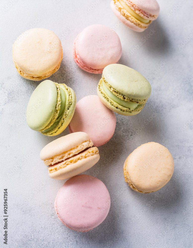 Delicious pastel macarons on table. French dessert. Sweet and tasty food. Top view. Delicious pastel macarons on table. French dessert. Sweet and tasty food. Top view.