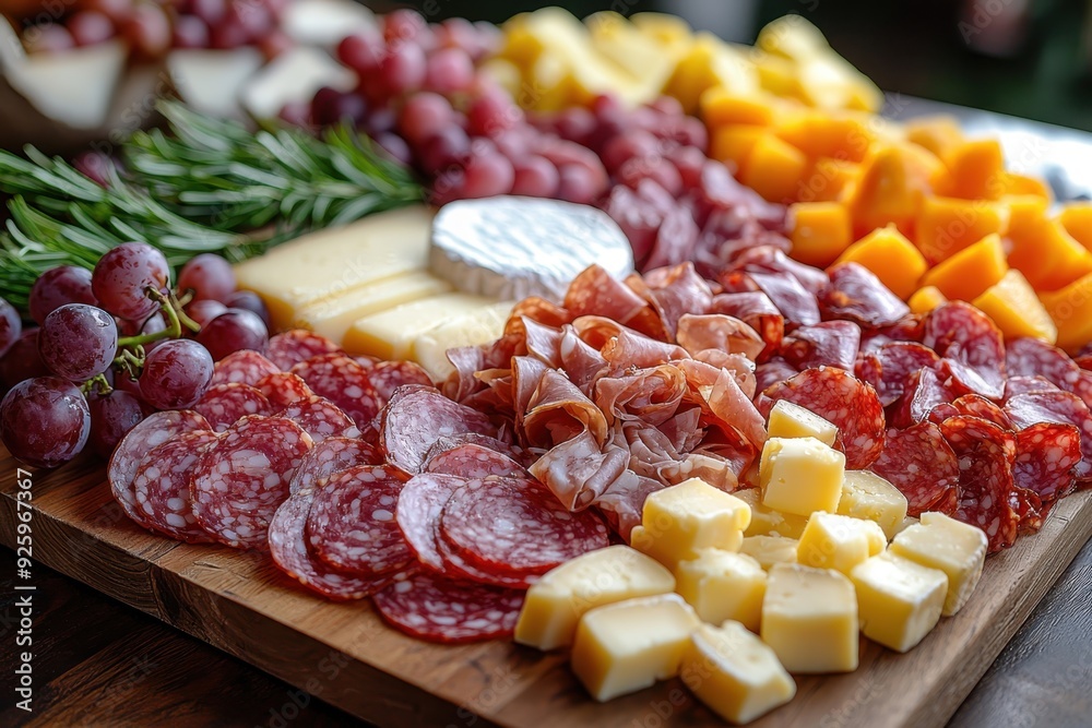 Beautifully arranged charcuterie board with assorted meats, cheeses, and fruits. Close-up on a blurred dining table, highlighting elegance and flavor. Beautifully arranged charcuterie board with assorted meats, cheeses, and fruits. Close-up on a blurred dining table, highlighting elegance and flavor.