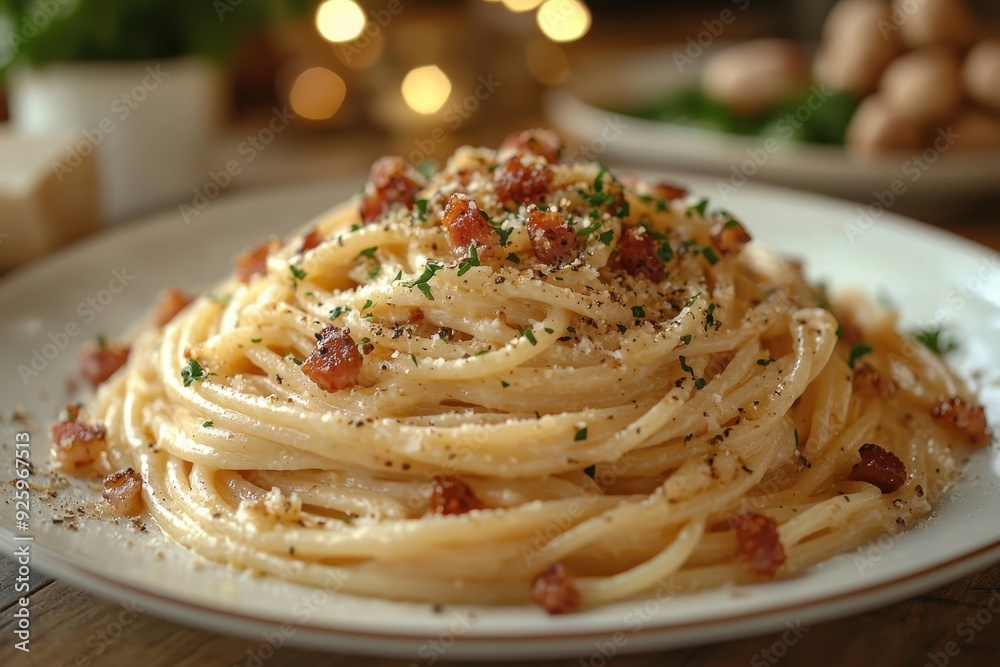 Classic spaghetti carbonara with creamy sauce and crispy pancetta. Close-up on a blurred dining table, highlighting hearty and flavorful appeal. Classic spaghetti carbonara with creamy sauce and crispy pancetta. Close-up on a blurred dining table, highlighting hearty and flavorful appeal.