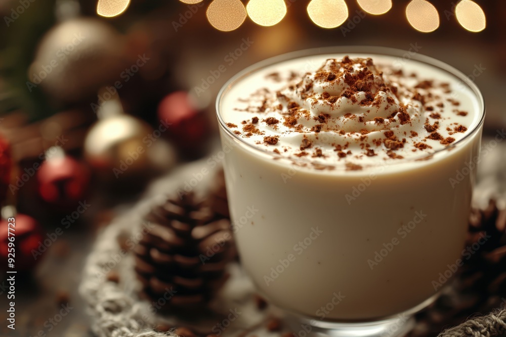 Creamy eggnog with a sprinkle of nutmeg, close-up on a blurred holiday dining background. Festive, rich, and delicious beverage. Creamy eggnog with a sprinkle of nutmeg, close-up on a blurred holiday dining background. Festive, rich, and delicious beverage.