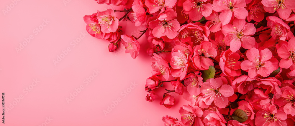 Fototapeta premium Vibrant pink cherry blossoms arranged on a soft pink background, creating a fresh and lively springtime atmosphere.