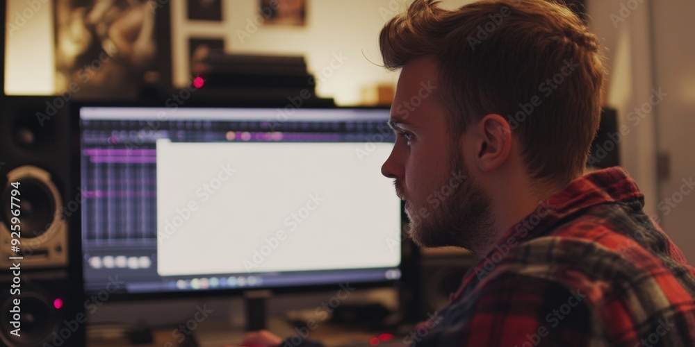 Young Professional Working from Home: Over-the-Shoulder View of Remote Worker Using Computer with Blank White Screen. Perfect for Marketing, UI Design, Posters, and 4K Wallpapers Illustrating Modern W Young Professional Working from Home: Over-the-Shoulder View of Remote Worker Using Computer with Blank White Screen. Perfect for Marketing, UI Design, Posters, and 4K Wallpapers Illustrating Modern W