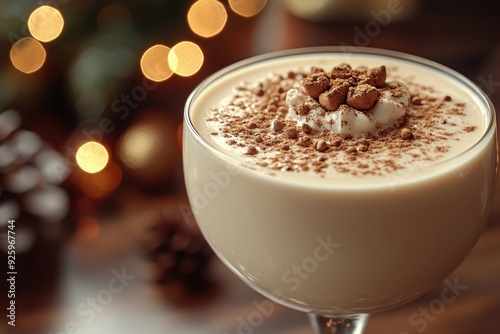 Creamy eggnog with a sprinkle of nutmeg, close-up on a blurred holiday dining background. Festive, rich, and delicious beverage.