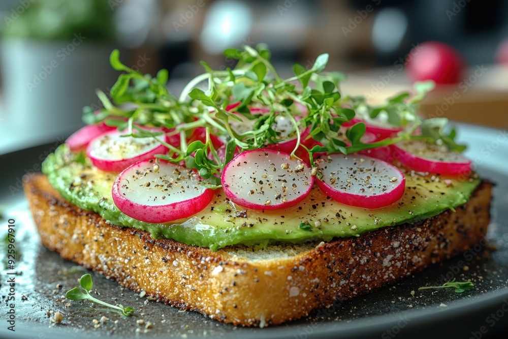 Creamy avocado toast with radishes and microgreens, close-up on a blurred cafe counter. Fresh, tasty, and visually appealing. Creamy avocado toast with radishes and microgreens, close-up on a blurred cafe counter. Fresh, tasty, and visually appealing.