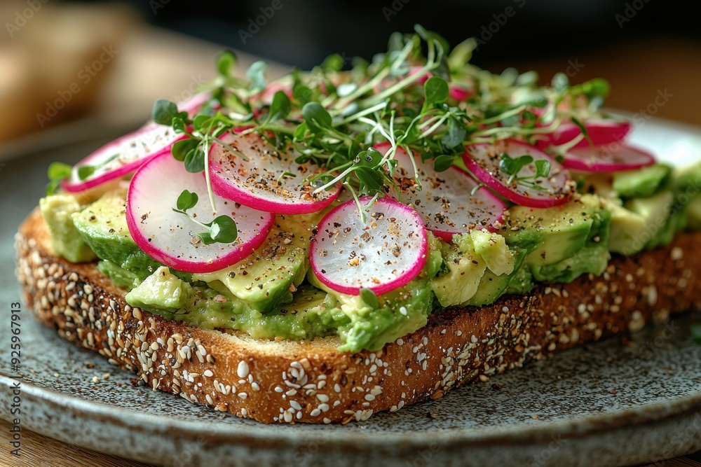Creamy avocado toast with radishes and microgreens, close-up on a blurred cafe counter. Fresh, tasty, and visually appealing. Creamy avocado toast with radishes and microgreens, close-up on a blurred cafe counter. Fresh, tasty, and visually appealing.