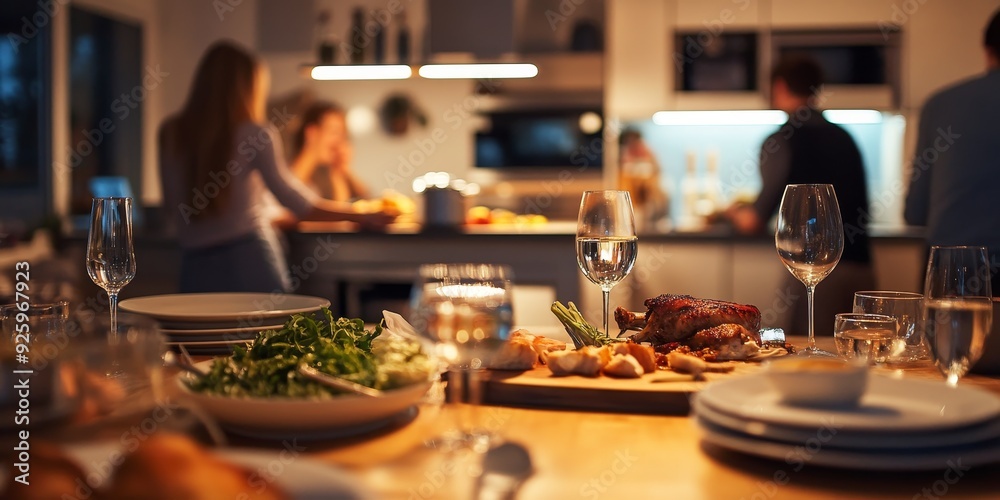 Close-up of a stylish kitchen with modern appliances and a family dinner being prepared, showcasing the heart of home life and culinary activities Close-up of a stylish kitchen with modern appliances and a family dinner being prepared, showcasing the heart of home life and culinary activities