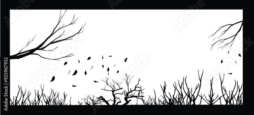 Silhouette of dead forest, A black and white photo of a forest with a tree branch and leaves falling