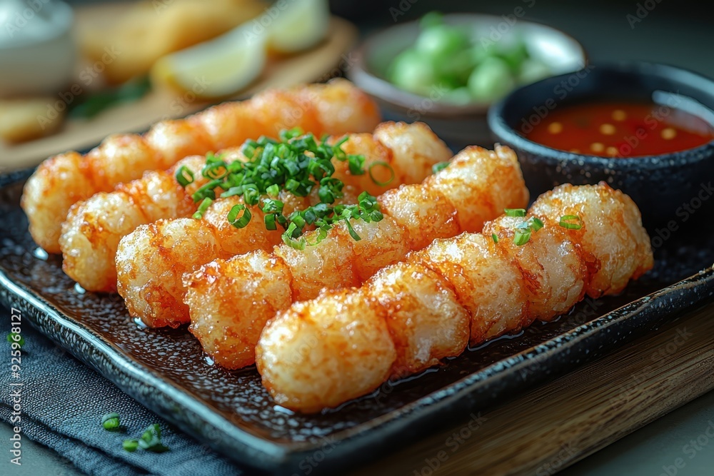 Crispy golden vegetable tempura with dipping sauce, close-up on a blurred dining table. Light, delicious, and visually appealing. Crispy golden vegetable tempura with dipping sauce, close-up on a blurred dining table. Light, delicious, and visually appealing.