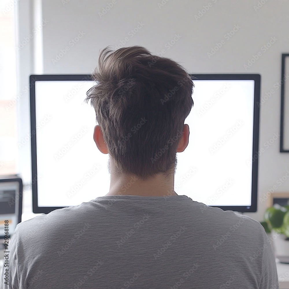 Young Professional Working from Home: Over-the-Shoulder View of Remote Worker Using Computer with Blank White Screen. Perfect for Marketing, UI Design, Posters, and 4K Wallpapers Illustrating Modern W Young Professional Working from Home: Over-the-Shoulder View of Remote Worker Using Computer with Blank White Screen. Perfect for Marketing, UI Design, Posters, and 4K Wallpapers Illustrating Modern W