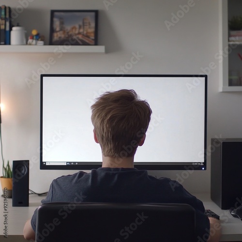 Young Professional Working from Home: Over-the-Shoulder View of Remote Worker Using Computer with Blank White Screen. Perfect for Marketing, UI Design, Posters, and 4K Wallpapers Illustrating Modern W