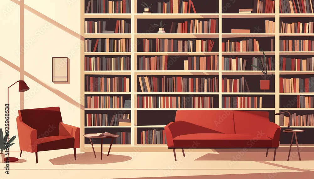a minimalist, flat-style illustration of a cozy library interior with bookshelves and a reading nook a minimalist, flat-style illustration of a cozy library interior with bookshelves and a reading nook