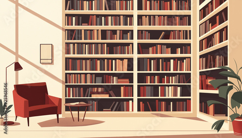 a minimalist, flat-style illustration of a cozy library interior with bookshelves and a reading nook