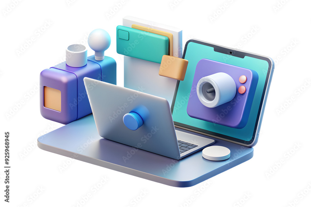 Photo of laptop and tablet with holographic video conferencing app in a flexible workspace Photo of laptop and tablet with holographic video conferencing app in a flexible workspace