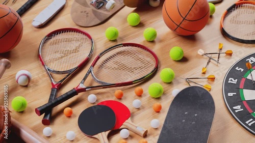 Huge Variety Of Game Equipment Aerial View On A Different Kind Of Sports Gear Seamless Looping Animation Of A Variety Of Game Equipment Aerial View On Sports Gear For Baseball Tennis Pingpong Hokey