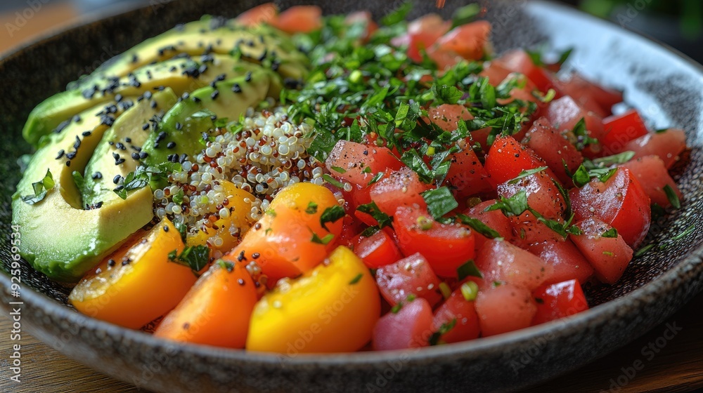 A Vibrant Vegan Dish with Colorful Vegetables, Quinoa, and Avocado A Vibrant Vegan Dish with Colorful Vegetables, Quinoa, and Avocado