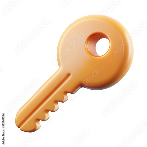 3D orange cartoon key with a simple round design, featuring a fun and playful look. Ideal for use in digital illustrations and icons. Isolated on transparent background, png.