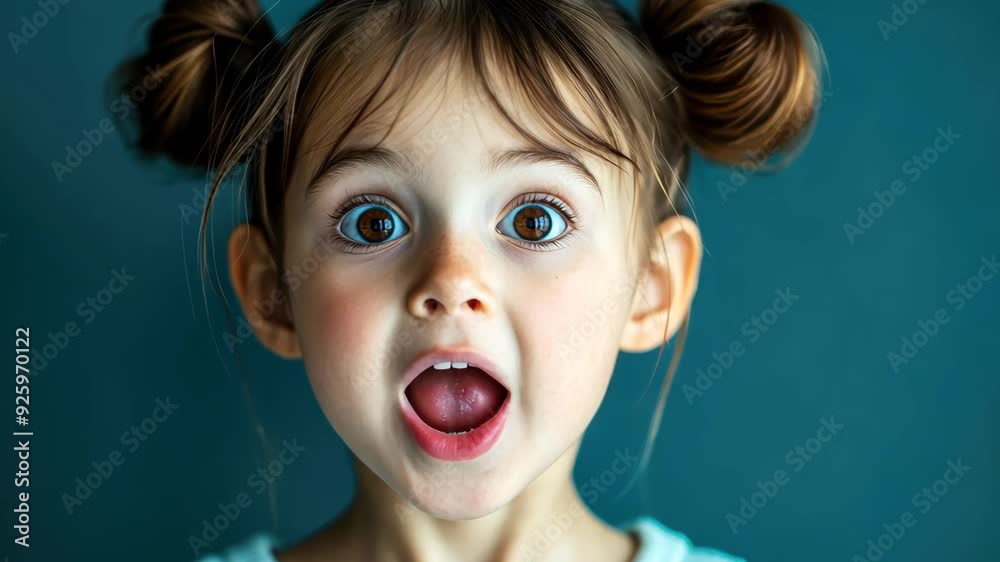 A surprised little girl with pigtails reacts with wide eyes and an open mouth against a bright blue background. A surprised little girl with pigtails reacts with wide eyes and an open mouth against a bright blue background.