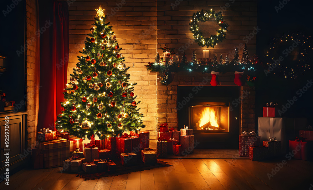 interior christmas. magic glowing tree, fireplace, gifts in dark