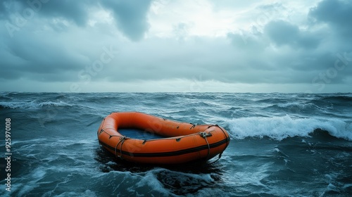 Small Life Raft adrift in a stormy sea.