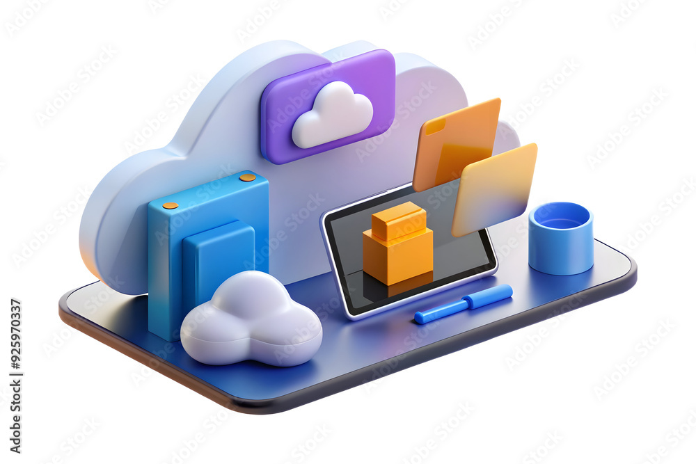 Tablet and mobile phone with holographic cloud storage in a flexible workspace setting. Highlighting data accessibility. photo stock concept. Tablet and mobile phone with holographic cloud storage in a flexible workspace setting. Highlighting data accessibility. photo stock concept.
