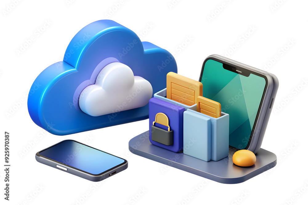 Holographic cloud storage on tablet and mobile phone in modern workspace. Featuring flexible data accessibility. Holographic cloud storage on tablet and mobile phone in modern workspace. Featuring flexible data accessibility.
