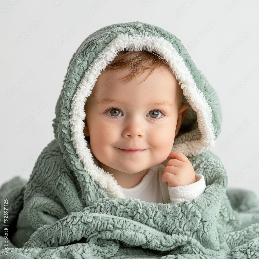 A small child sitting comfortably in a blanket, beaming with joy and contentment A small child sitting comfortably in a blanket, beaming with joy and contentment