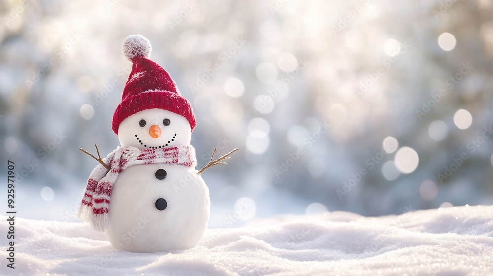 Fototapeta premium Happy snowman in winter scenery with copy space, blurred bokeh snow magical white landscape background