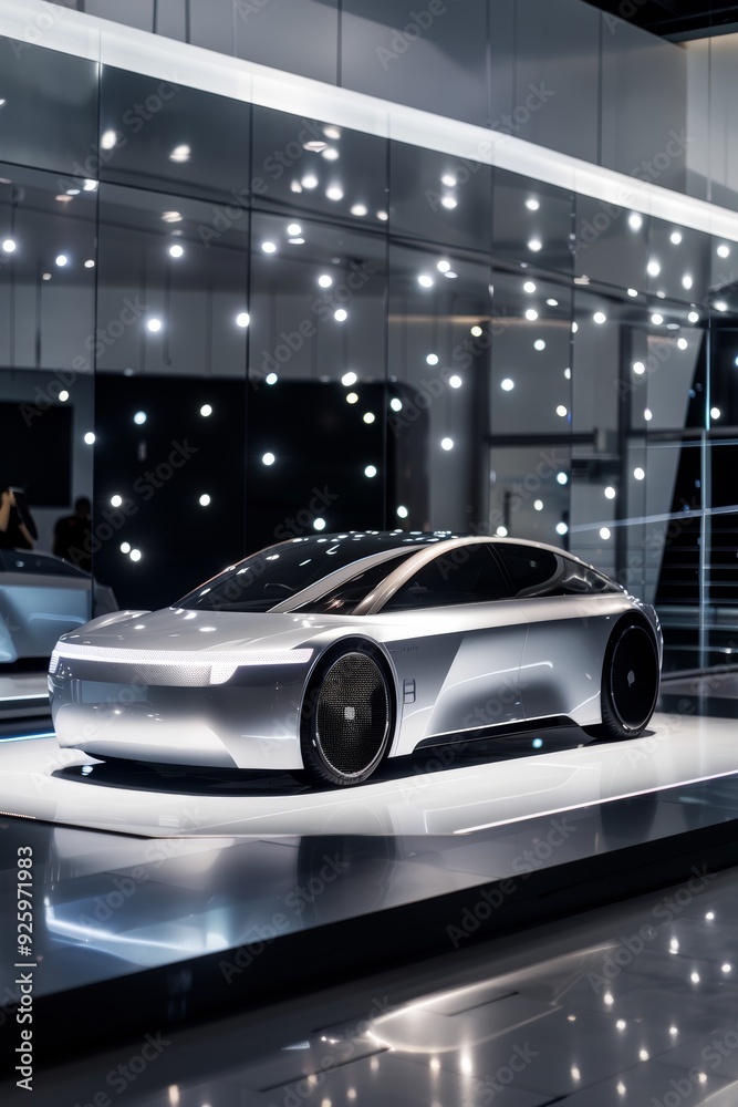 Futuristic Electric Sedan in High-Tech Exhibition Space with Bright LED Lights - Ideal for Automotive Industry Design