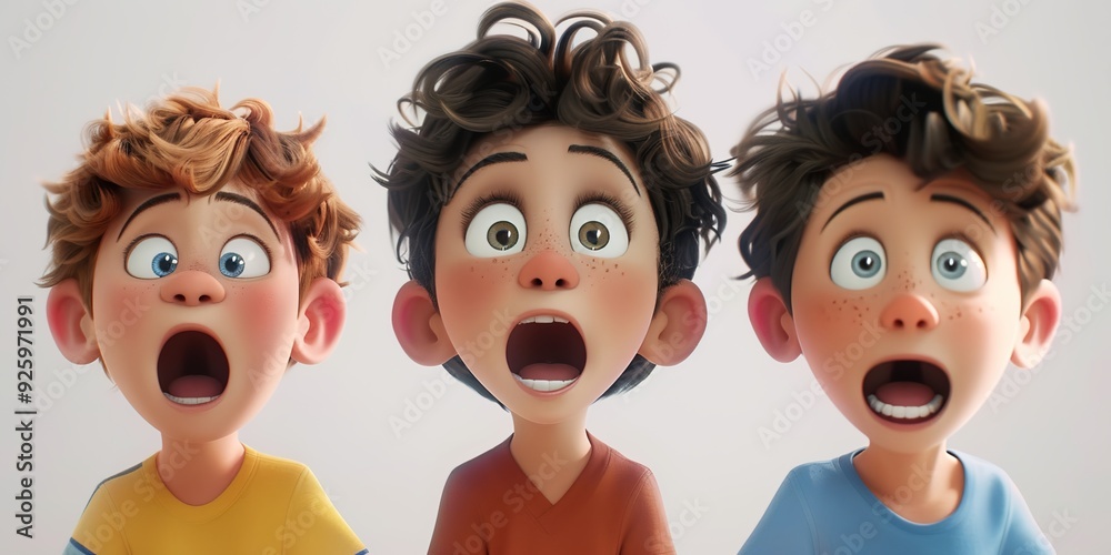 Three cute cartoon boys, with different hair colors and styles, wearing striped t-shirts Three cute cartoon boys, with different hair colors and styles, wearing striped t-shirts