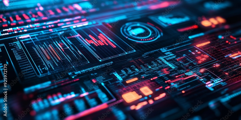Obraz premium Macro shot of a digital financial management system with futuristic tech elements, highlighting advanced technology in business operations