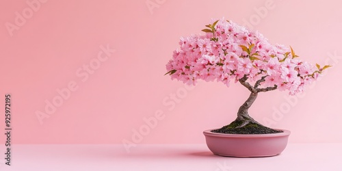 Serenity in Pink: A Blooming Bonsai Tree in Full Blossom Residing in a Traditional Pot on a Pink Background