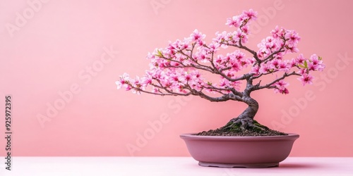 Serenity in Pink: A Blooming Bonsai Tree in Full Blossom Residing in a Traditional Pot on a Pink Background