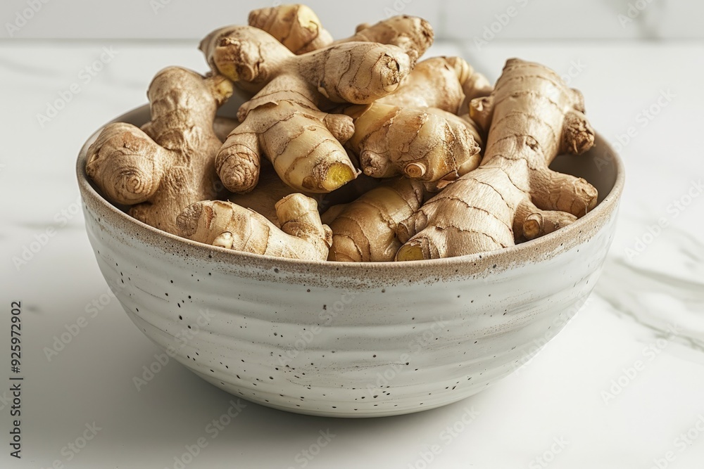A simple bowl of ginger, focusing on the root’s texture and its readiness for cooking A simple bowl of ginger, focusing on the root’s texture and its readiness for cooking