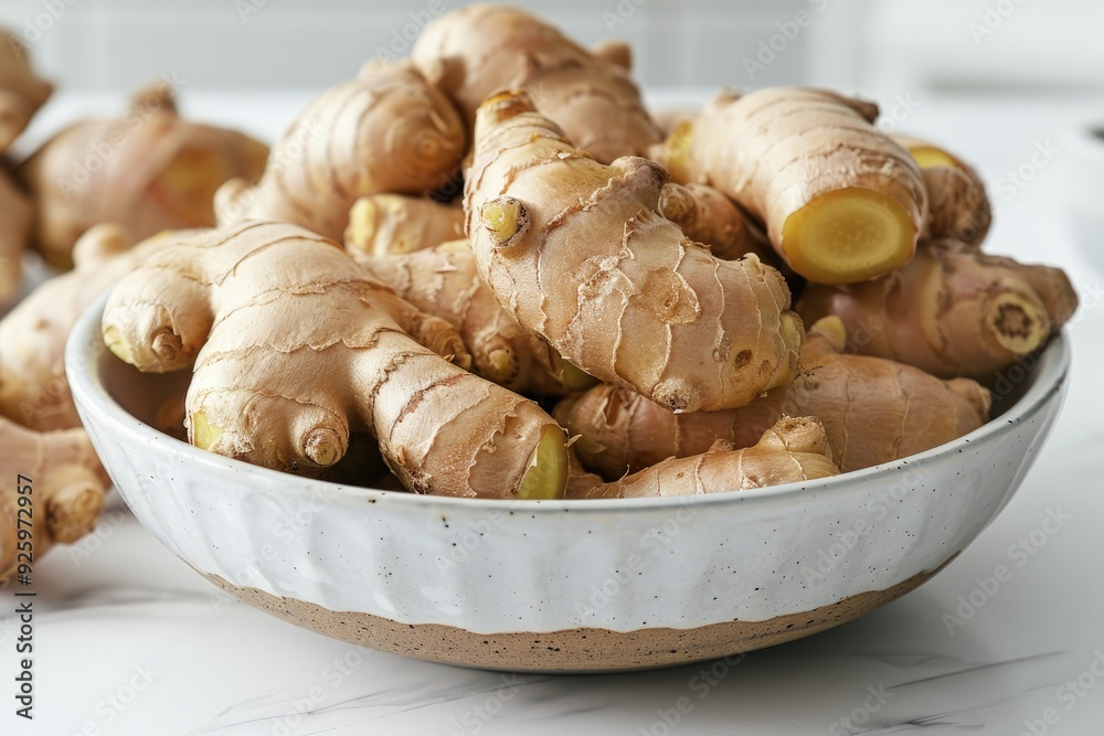 A close-up of ginger in a bowl, emphasizing its fresh appearance and culinary use A close-up of ginger in a bowl, emphasizing its fresh appearance and culinary use