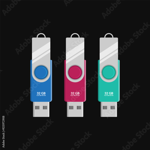 USB flash drive flat vector design isolated on black background