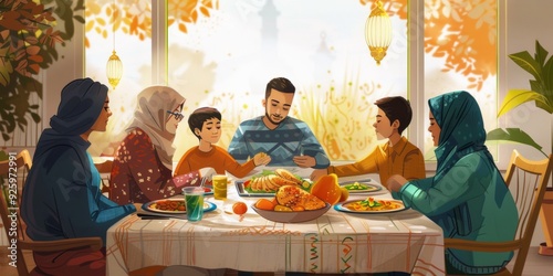 Muslim family is breaking their fast happily and delicious food is being served on the dining table, such as grilled chicken, rice, various kinds of fruit and vegetables on plates photo