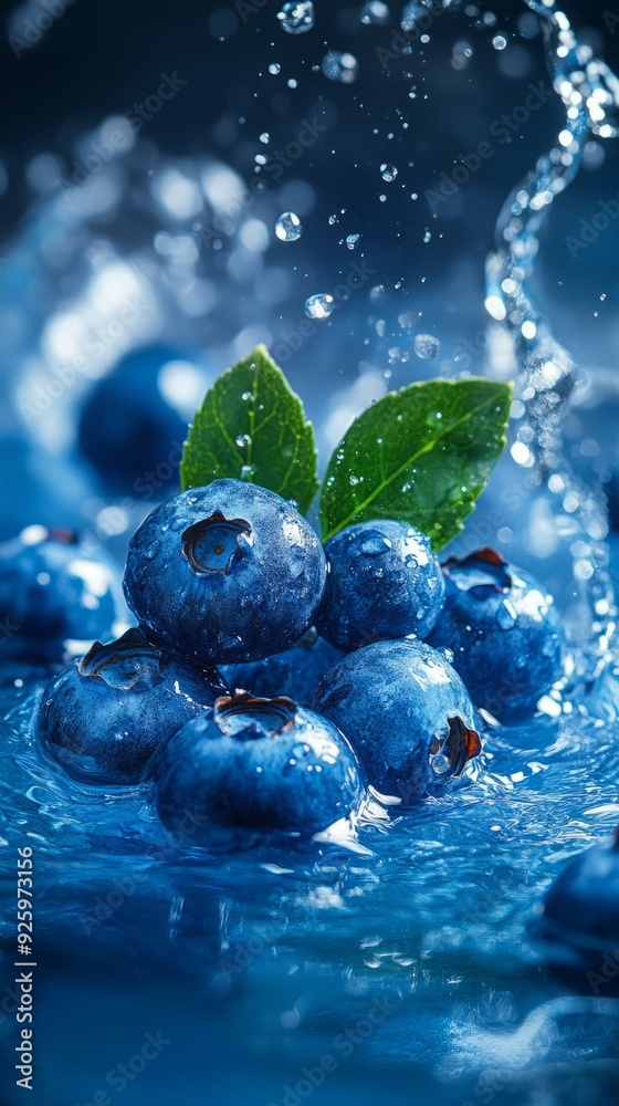 A Splash of Summer: Juicy Blueberries with Water Droplets on a Blue Solid Background A Splash of Summer: Juicy Blueberries with Water Droplets on a Blue Solid Background