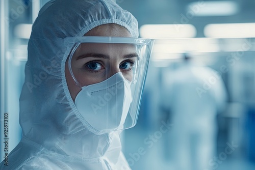 Biotech facility worker in cleanroom wearing protective gear in pharmaceutical industry. Generative ai