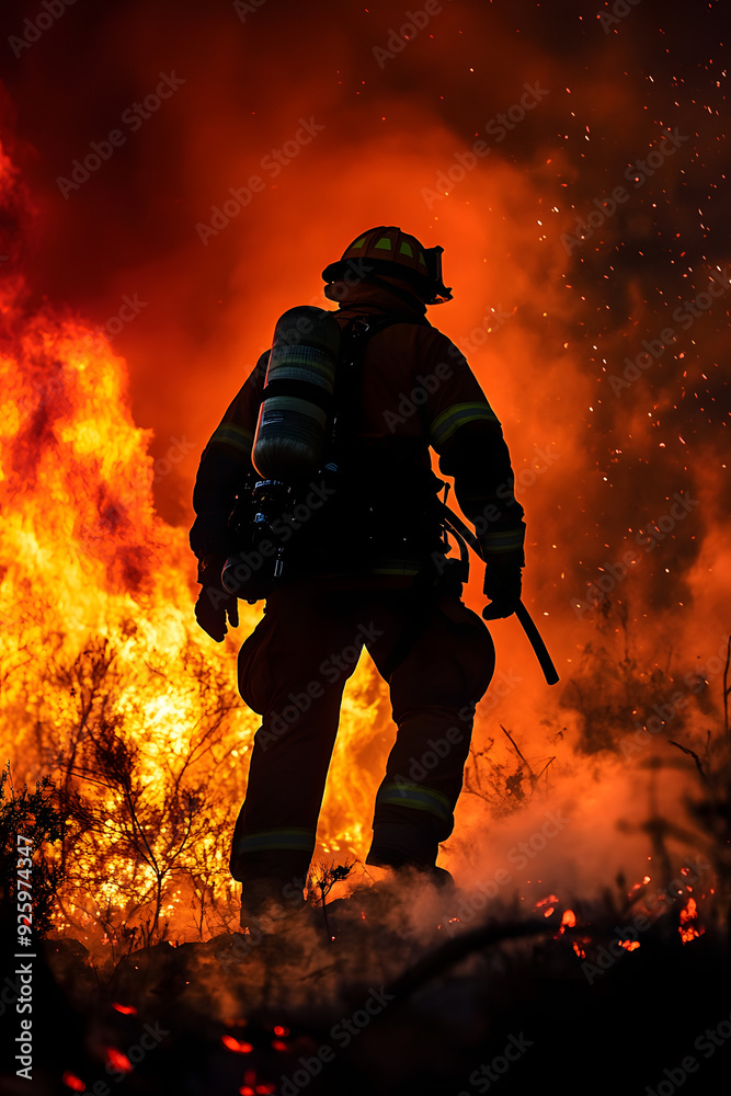 Silhouette of a firefighter battling blazing wildfire Silhouette of a firefighter battling blazing wildfire