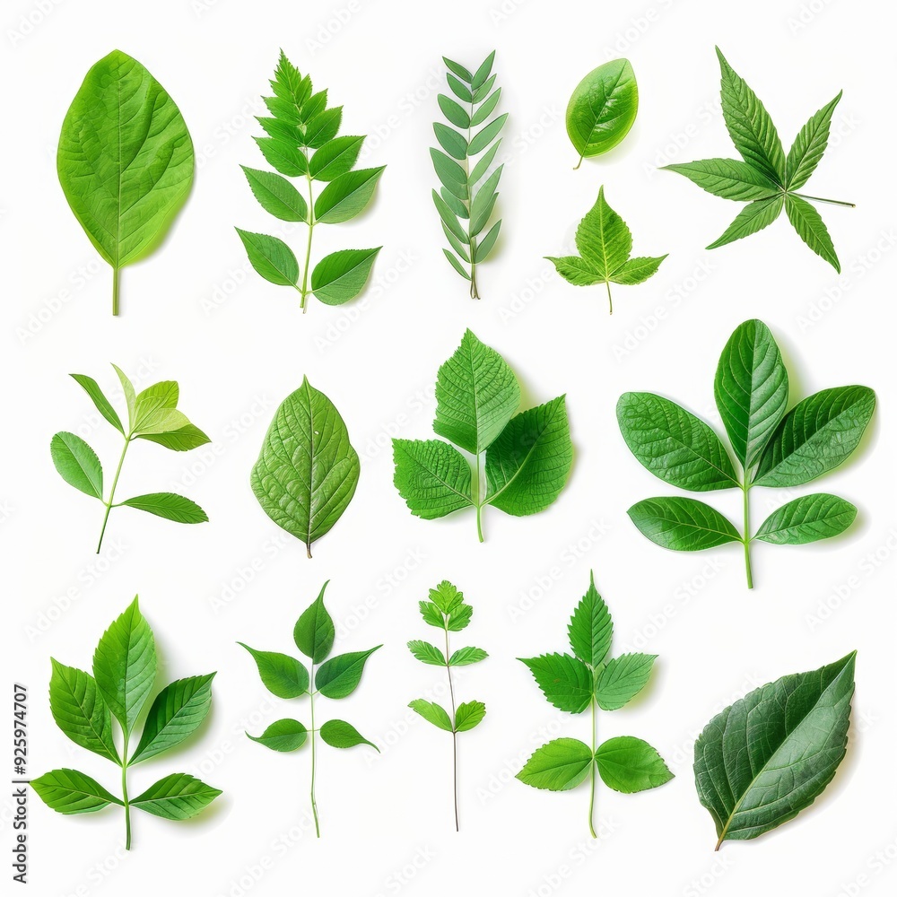 Isolated various kinds of green leaves on white background clipping path Isolated various kinds of green leaves on white background clipping path