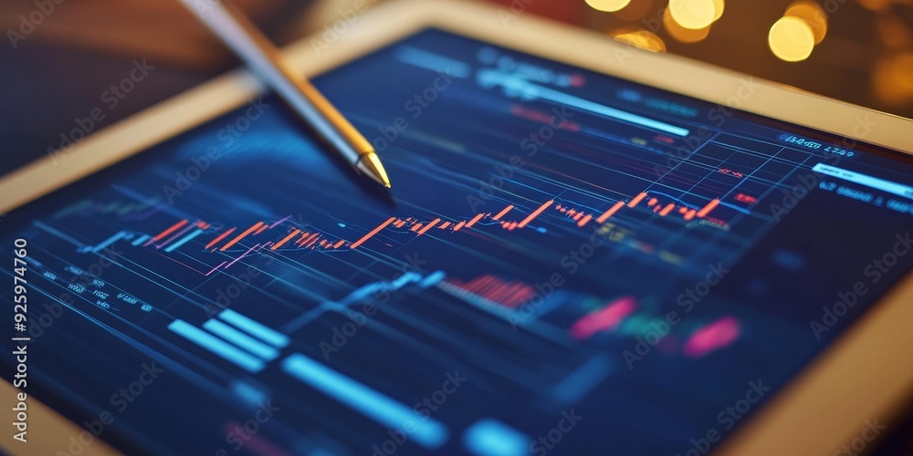 Detailed view of a digital tablet with a stylus, displaying interactive financial charts, showcasing the integration of tech in daily tasks