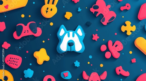 Colorful toy shapes and a playful pet design create a lively abstract backdrop photo