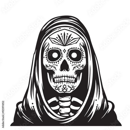 Death.Black and white vintage etched art. Ink drawn ghotic plot of dethly hallows, halloween, nightmare or hell. Clipart for sticker, tattoo, print. Spooky ghost in mantle with hood holds skull on pla