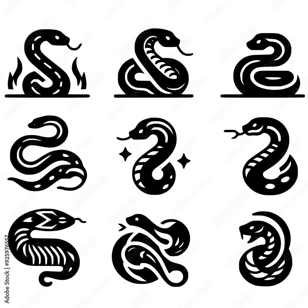 set of black and white snakes set of black and white snakes