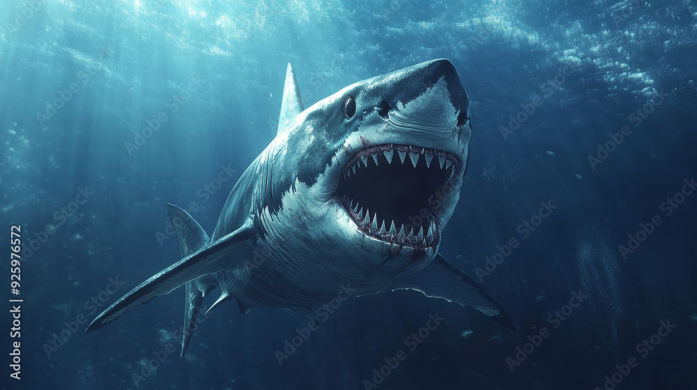 Fototapeta premium A fearsome shark glides through the ocean depths, its menacing toothy mouth agape, revealing rows of sharp teeth. --ar 16:9 --v 6.1 Job ID: e228822f-c9f9-479c-a591-e3cfa1b2da02