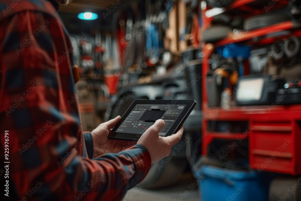 Mechanic Diagnosing Brake Pad Issues with Digital Tablet in Professional Garage Environment Mechanic Diagnosing Brake Pad Issues with Digital Tablet in Professional Garage Environment