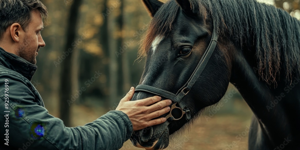 Obraz premium Detailed image of a horse interacting with its handler, emphasizing the bond and responsive behavior between animals and humans