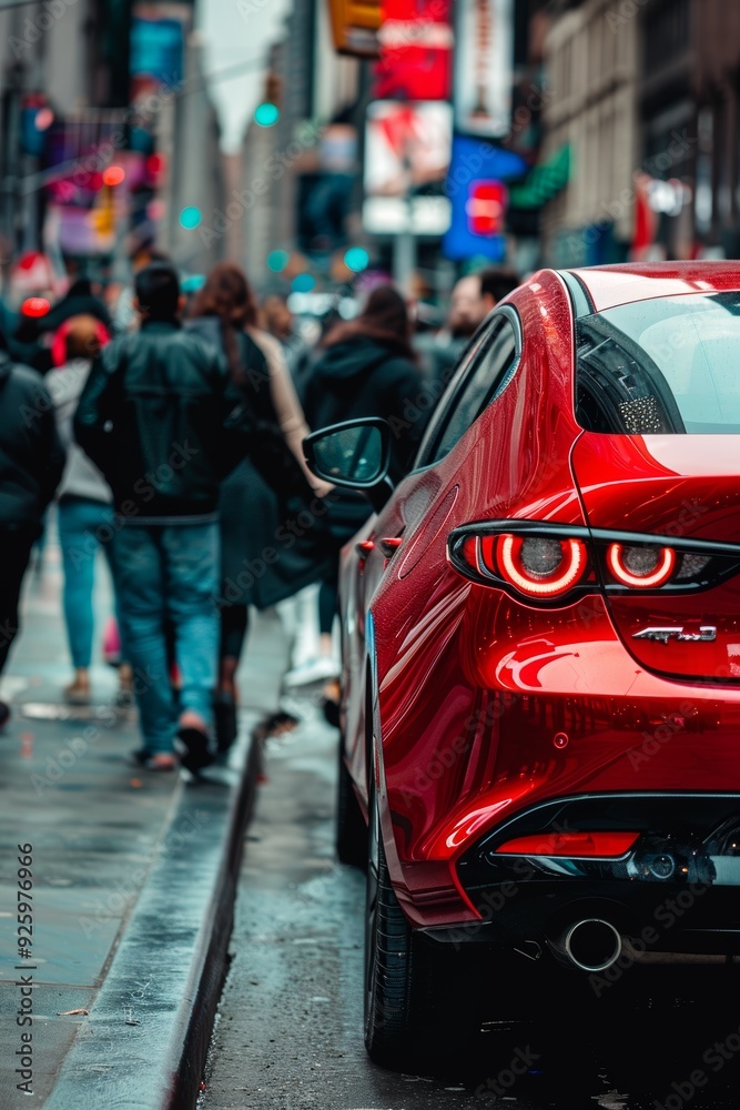 Modern Red Hatchback Car in Busy Urban Street with Pedestrians and Vibrant Night Lights