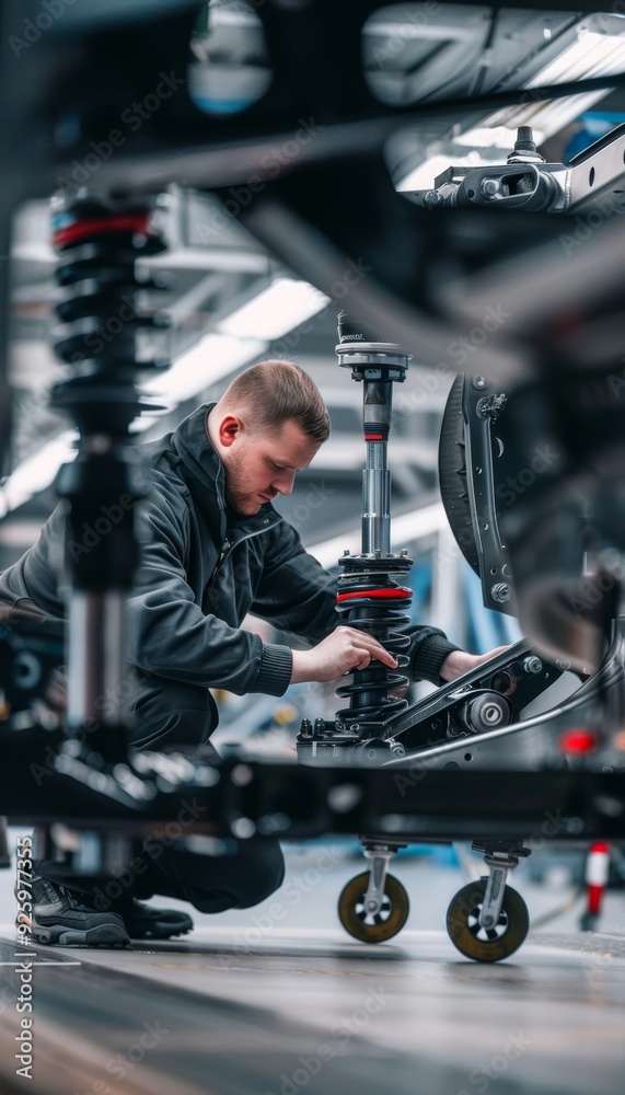 Technician Inspecting Modern Car Suspension in Well-Lit Automotive Workshop Technician Inspecting Modern Car Suspension in Well-Lit Automotive Workshop